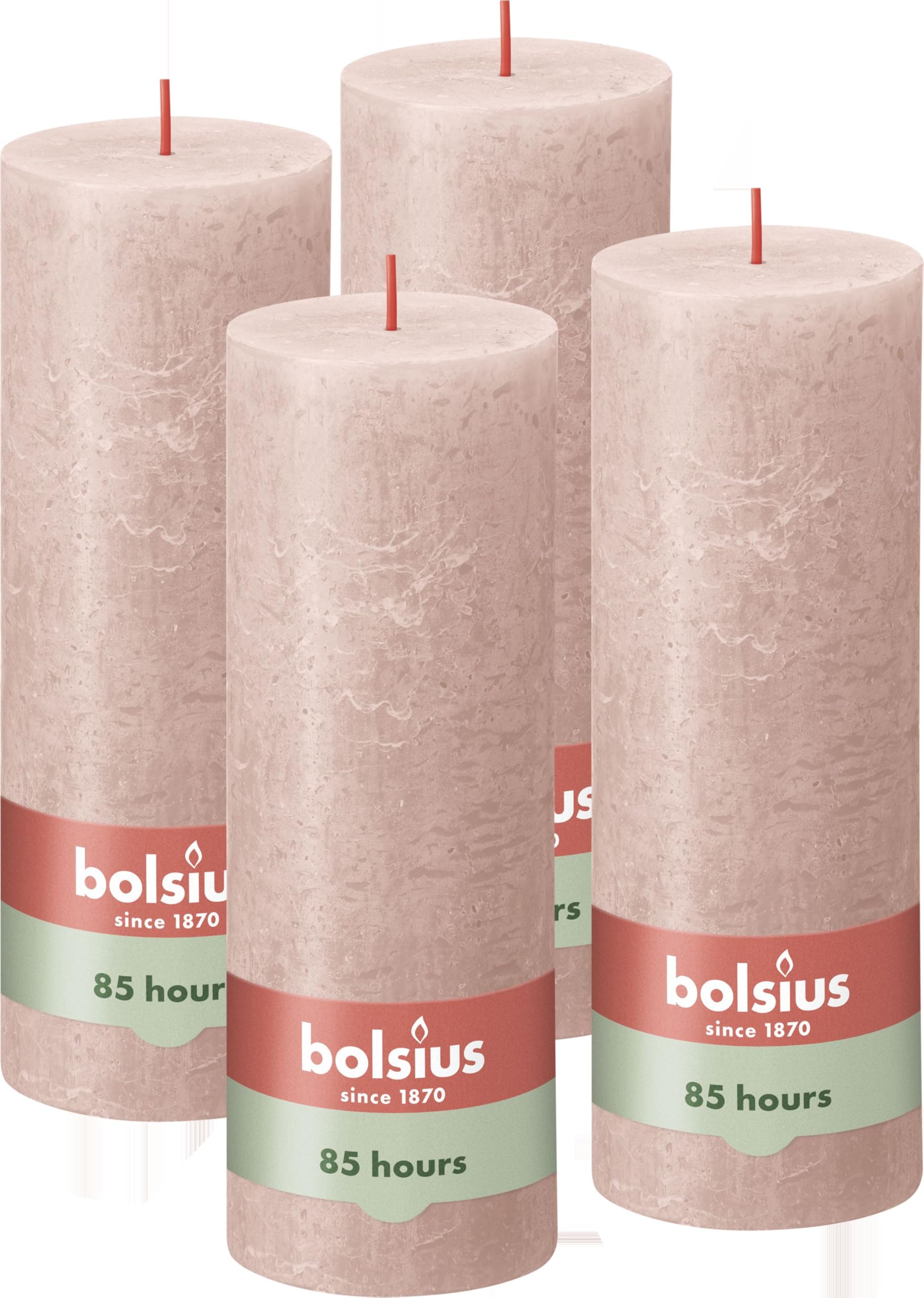 Bolsius Rustic Pillar Candle - Soft Pink - Pack of 4 - Long Burning Time of 85 Hours - Household Candle - Interior Decoration - Unscented - Natural Vegan Wax - No Palm Oil - 19 x 7 cm