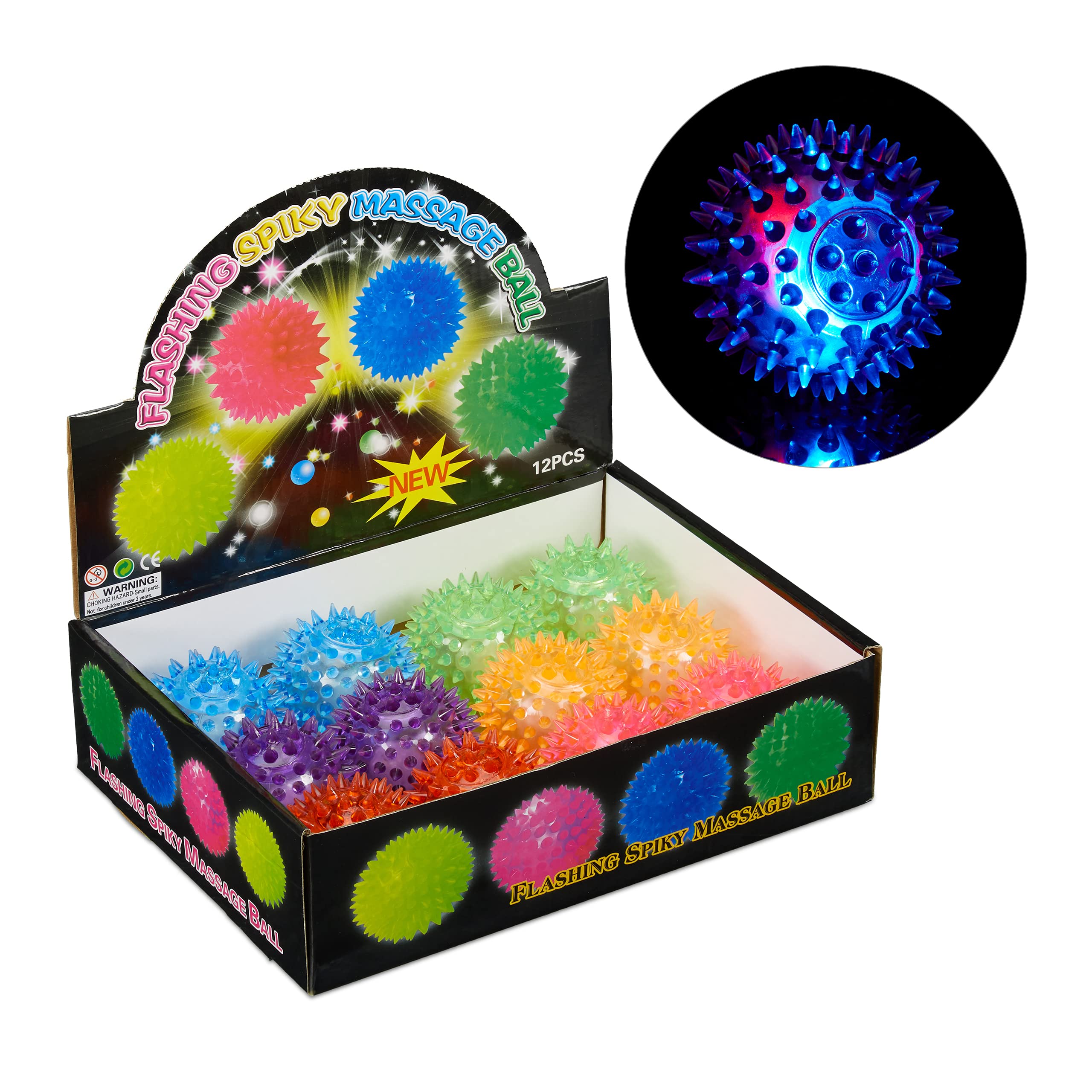Relaxdays Set of 12 LED Spiky Massage Balls, Flashing Bouncy-Balls with Nubs, Stress Relief, Soft, Squeezy, Diff. Colours