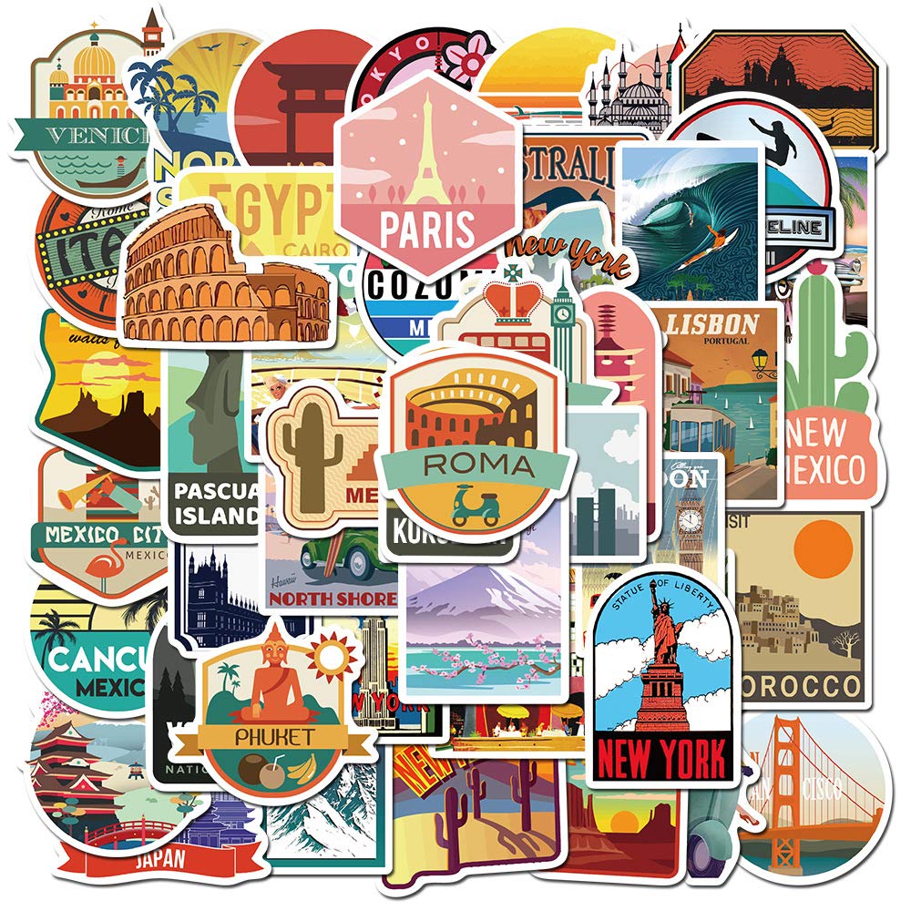 50Pcs City ​​LandmarkStickers for Water Bottles Tumbler Luggage Skateboard Bumper Scrapbook Mug, Sticker Gift for Kids Teens Adults