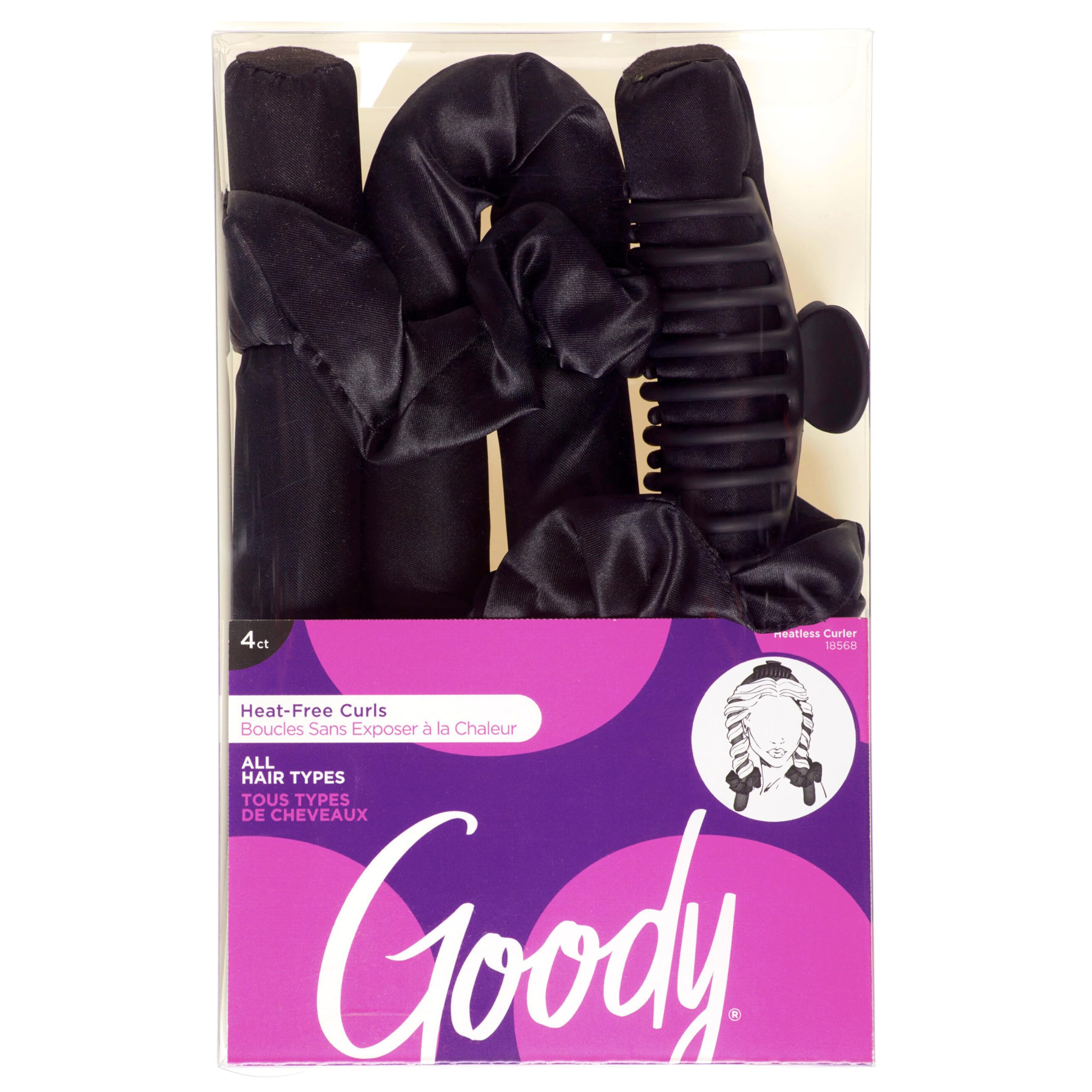 Photo 1 of Goody Heatless Curls, Black - 2 Satin Scrunchies & 1 Large Claw Clip To Hold Satin Roller Rod in Place, Overnight Heat-Free Hair Styling, All Hair Types