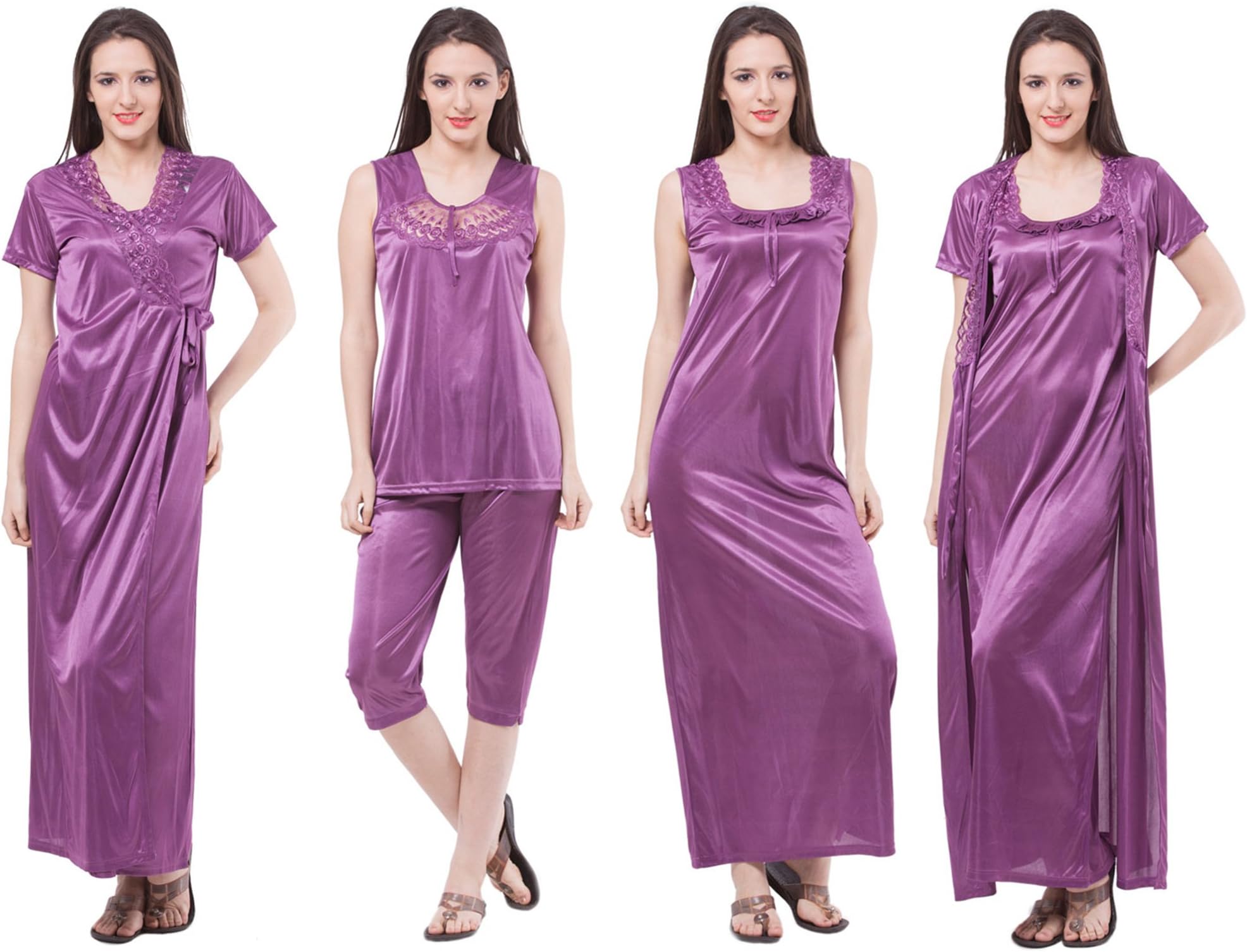 Fasense Women's Satin 4 Pc Set Of Nighty Wrap Gown Top & Capry Set