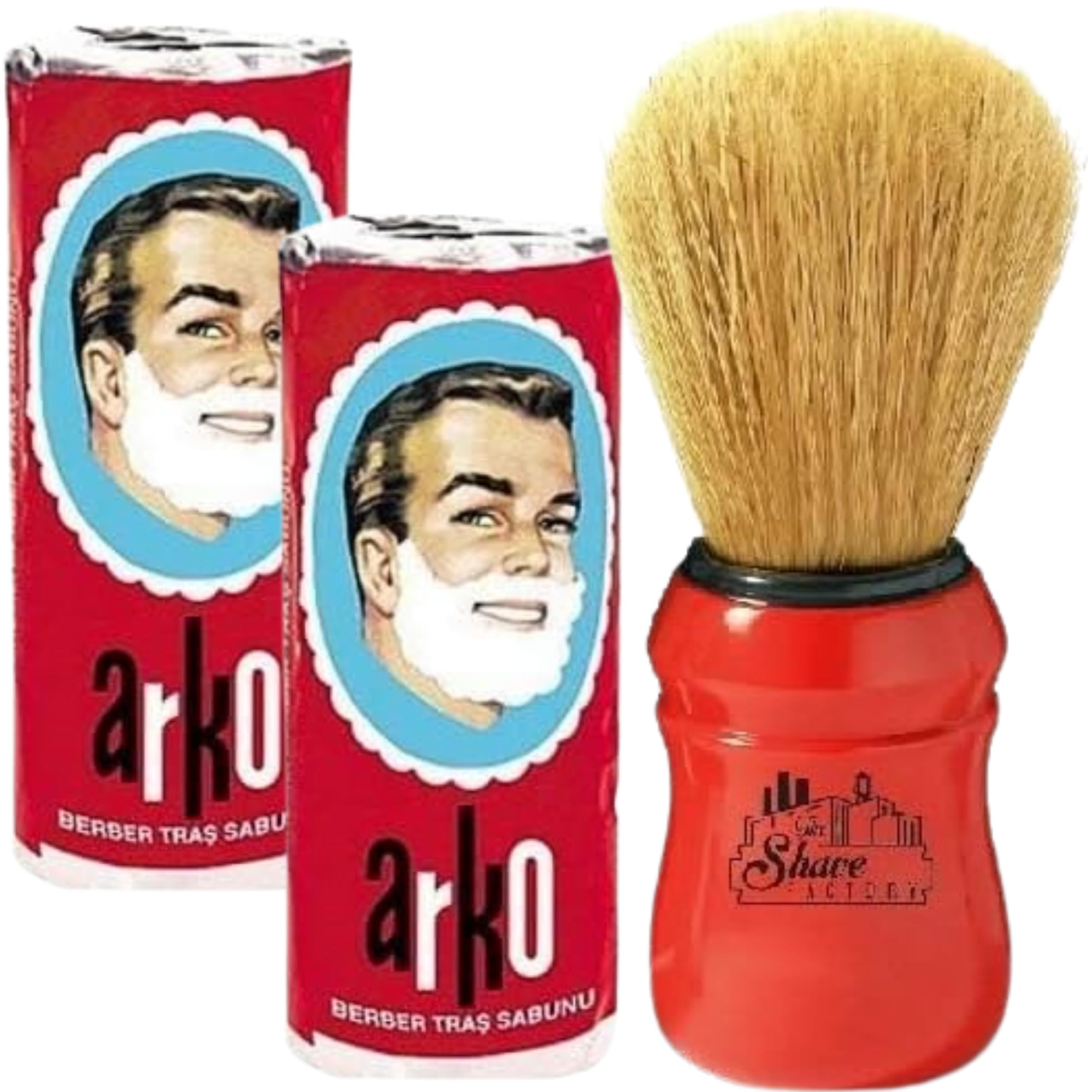 The Shave Factory Wet Shaving Set – 2× Arko Shaving Soap Sticks & The Shave Factory Natural Boar Bristle Brush Made by Omega – Classic Red Handle