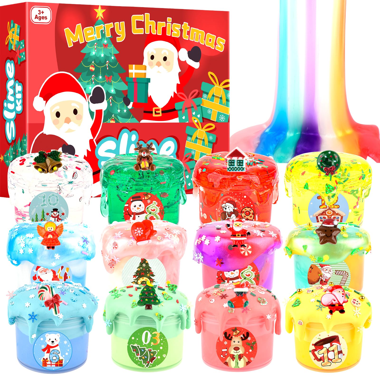 12pcs Christmas Slime Kit -Christmas Stocking Stuffers, Stretchy, Soft, and Scented - Ideal for Slime Party Favors, Girls, Boys, Kids, Classroom Rewards