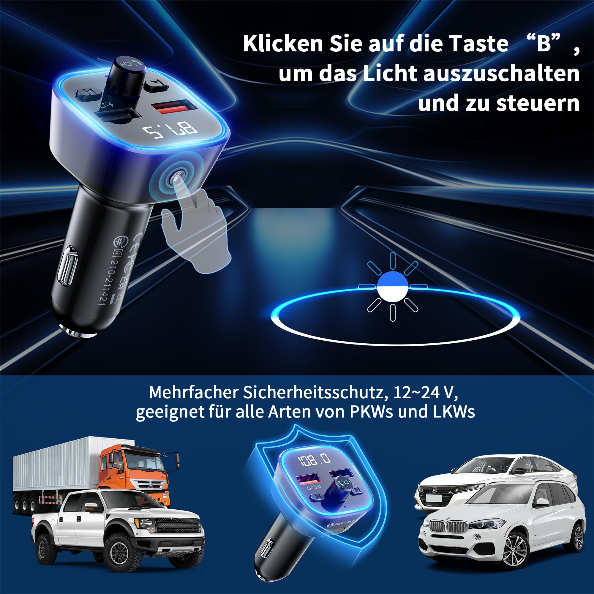 SONRU FM Transmitter Auto Bluetooth 5.3,Musik Adapter für Auto Radio,Car Radio Zigarettenanzünder, Freisprecheinrichtung und Ladegerät mit 2 USB-Anschlüssen, HiFi-Höhen- und Basswiedergabe 6