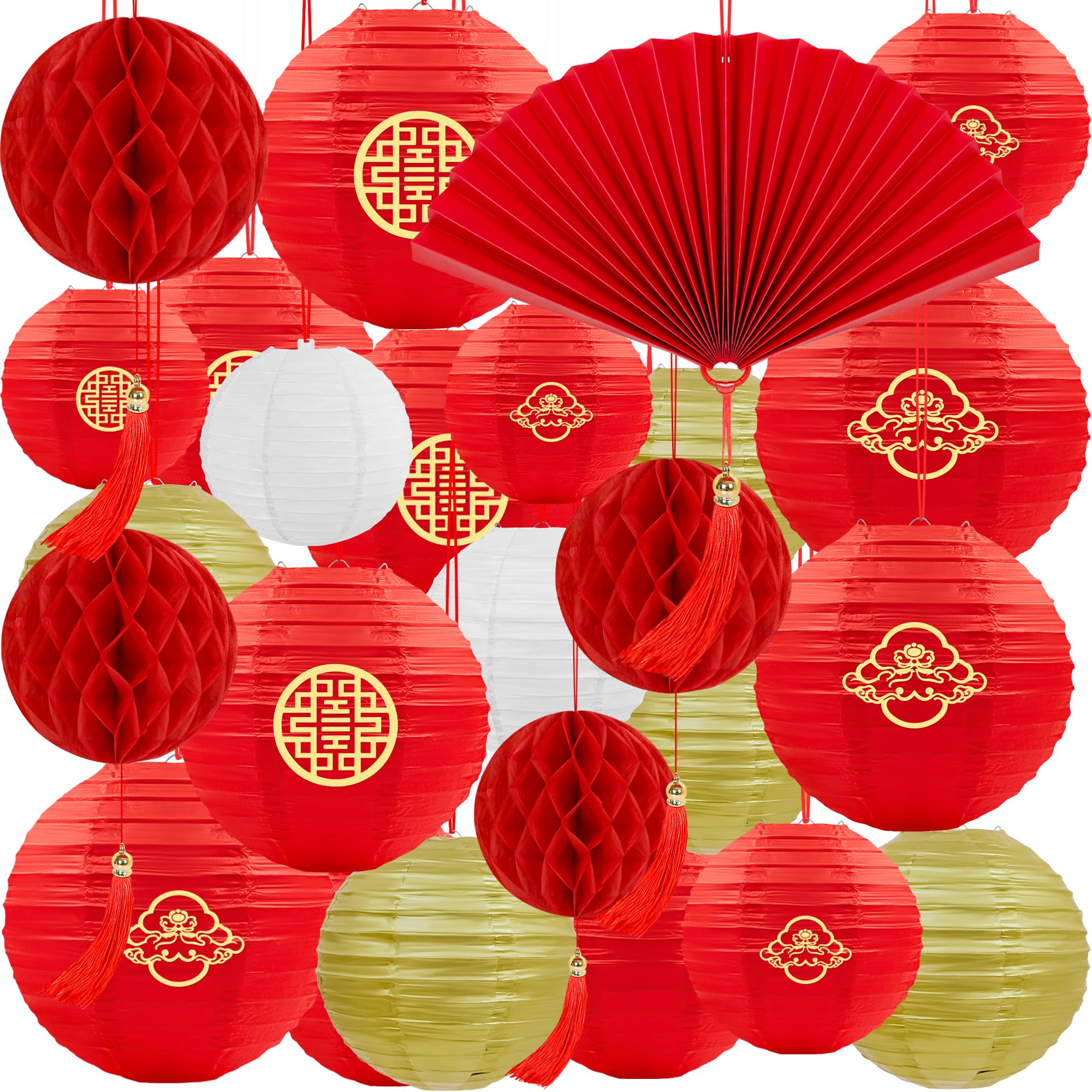 Photo 1 of 25Pcs Chinese Lunar New Year Decorations 2026 Red Paper Lanterns Fan Honeycomb Balls Hanging for Hibachi Japanese Mid Autumn Festival Party Home Decor