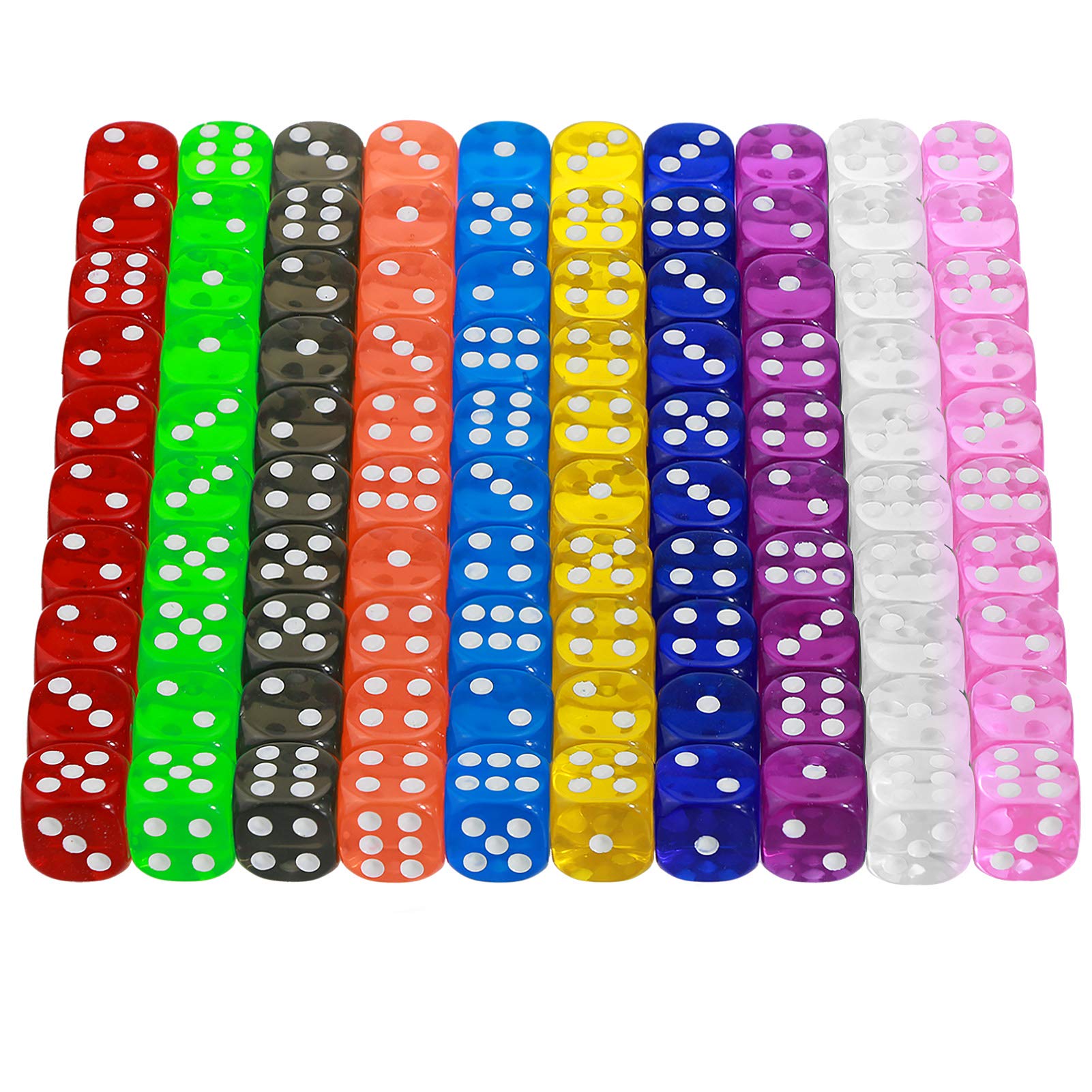 YOUSHARES 100Pcs Dice Set of 10 Transparent Colors – 16mm 6 Sided Standard Dice with A Velvet Carrying Bag, Board & Tenzi Games and Other Casino Games