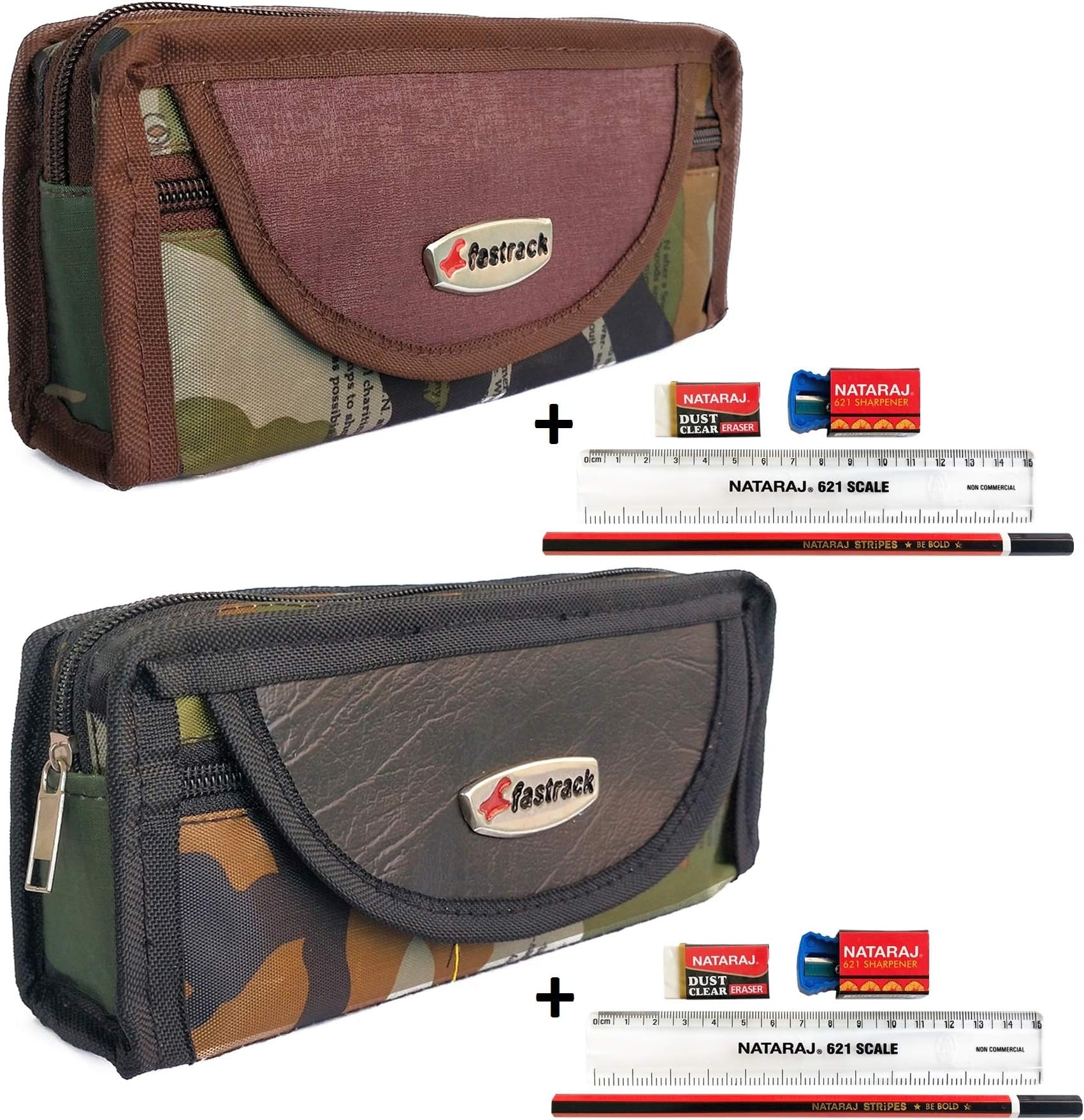 Shifaa Enterprise Combo Pack of 2 Pencil Pouches for Girls & Boys for School | Cartoon Printed Pencil Boxes for Girls & Boys | Stylish Pen-Pencil Case Pouch for Kids (Set of 2, Black & Brown)