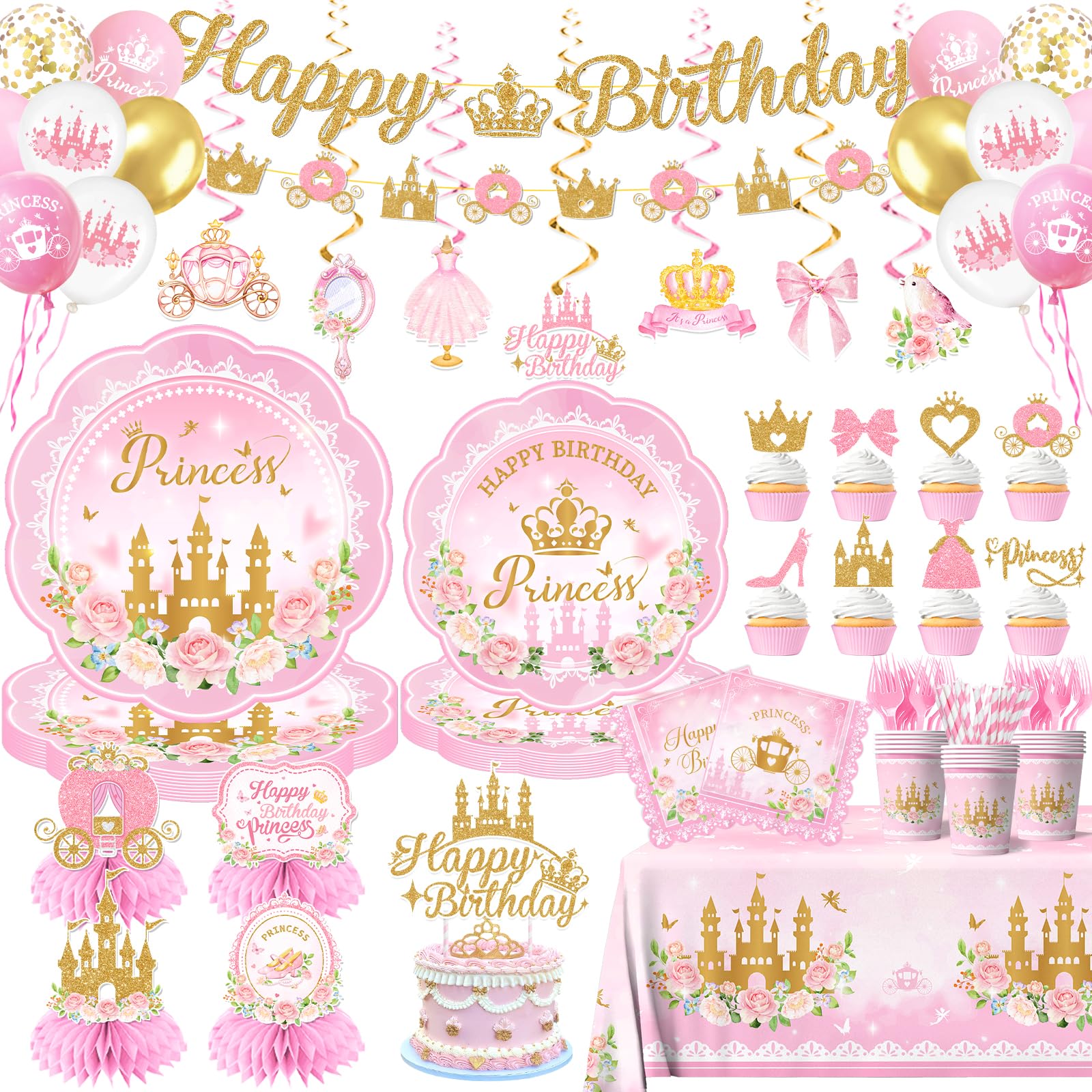 Photo 1 of 196Pcs Princess Birthday Party Decorations Serves 24,Pink Princess Birthday Themed Tableware Includes Scalloped Plates,Napkins,Tablecloth,Banner,Balloon,Cake Topper for Girls Princess Party Supplies