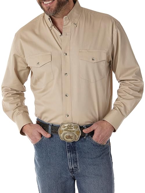 Wrangler Painted Desert Two Pocket Long Sleeve Button Work Shirt, Tan, Large