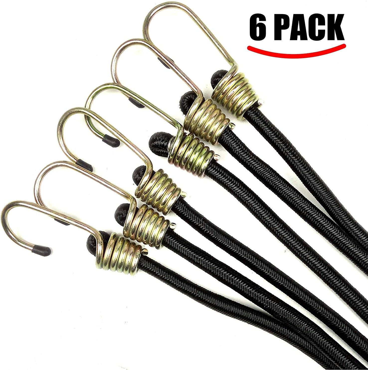 Dajia Heavy Duty Black Bungee Cords with Hooks 3/8"x 36" 10mm Industrial Bungee Cord x 6piece (Pack of 6) Premium Quality Bungee Cord Assortment Metal Hooks - - 