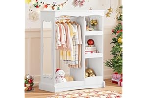 Curipeer Kids Dress Up Storage with Flower Mirror, Open Hanging Closet Wardrobe for Children, Kids Armoire & Costume Organizer for Bedroom Playroom Preschools Classroom, White
