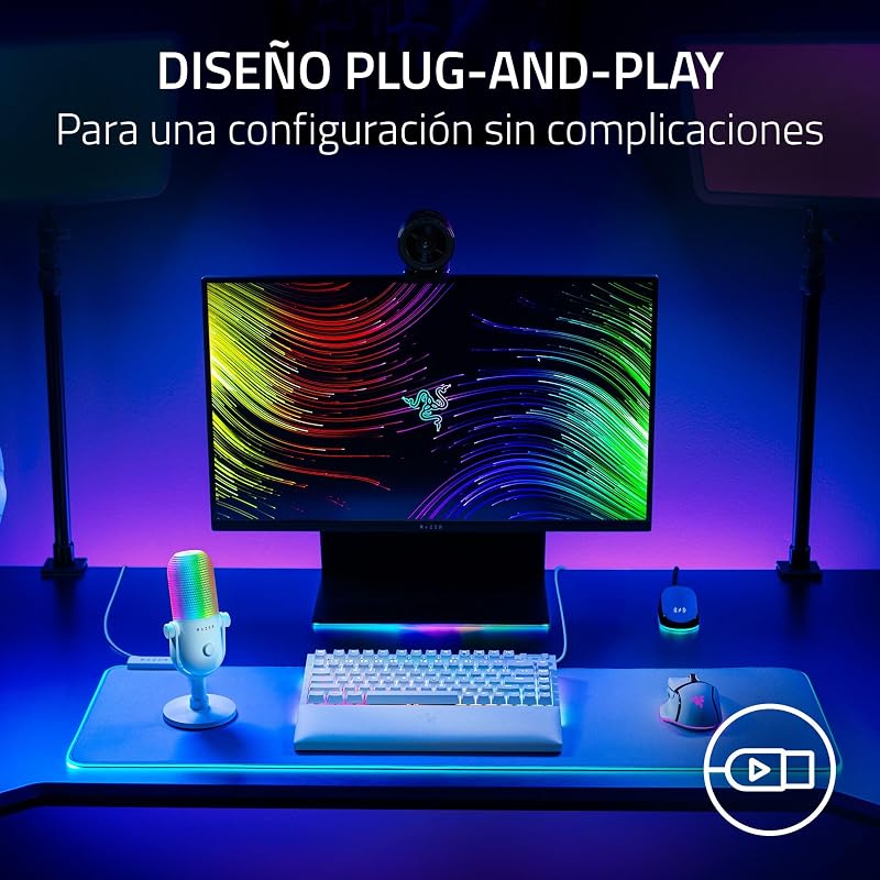 Razer seiren v3 chroma - microfone rgb usb - microfone condensador supercardióide com tap-to-mute (iluminação reativa, limitador de ganho digital e amortecedor integrado) branco