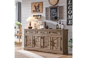 JXQTLINGMU 66" Large Buffet Sideboard Cabinet with 4 Doors and 3 Drawers, Buffet Table Coffee Bar Wine Bar Storage Cabinet for Dining Room, Living Room (Warm Brown)