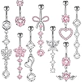 MEDOJO 9Pcs Belly Button Ring Pink White Surgical Stainless Steel Bow Butterfly Heart Flower Navel Ring Belly Piercing for Women