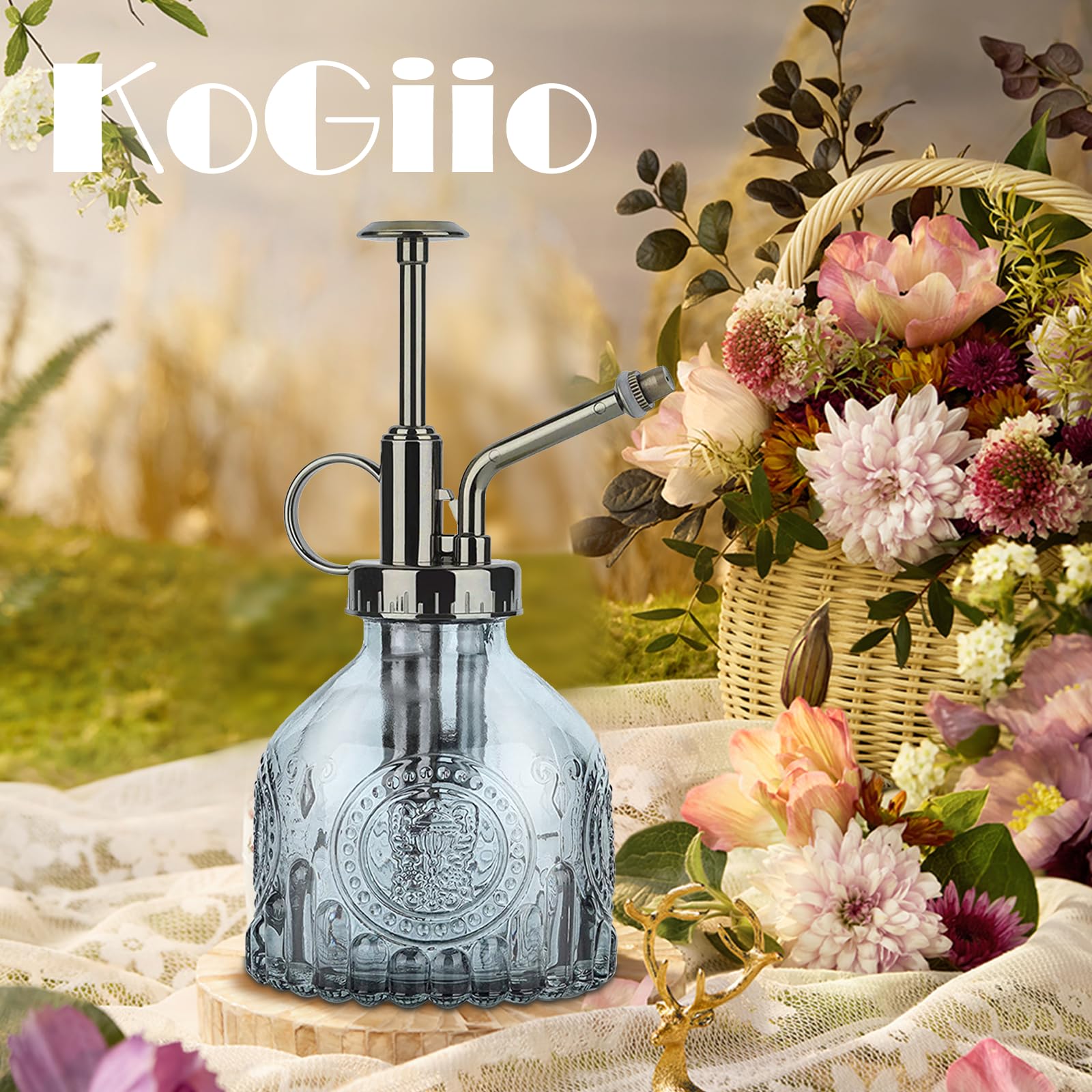 KoGiio Pflanzen Glas Sprühflasche, 200ml Retro Relief Pflanzensprüher mit Pumpe, Fortschrittlich Blumen Zerstäuber Drucksprüher für Balkon Kleiner Gartenpflanzen Indoor Haus Oder Büro-Grau 6