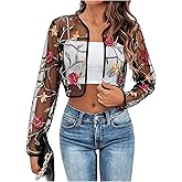 OYOANGLE Women's Floral Embroidered Open Front Crop Jackets Long Sleeve Mesh Summer Cardigan Tops for Evening Dress