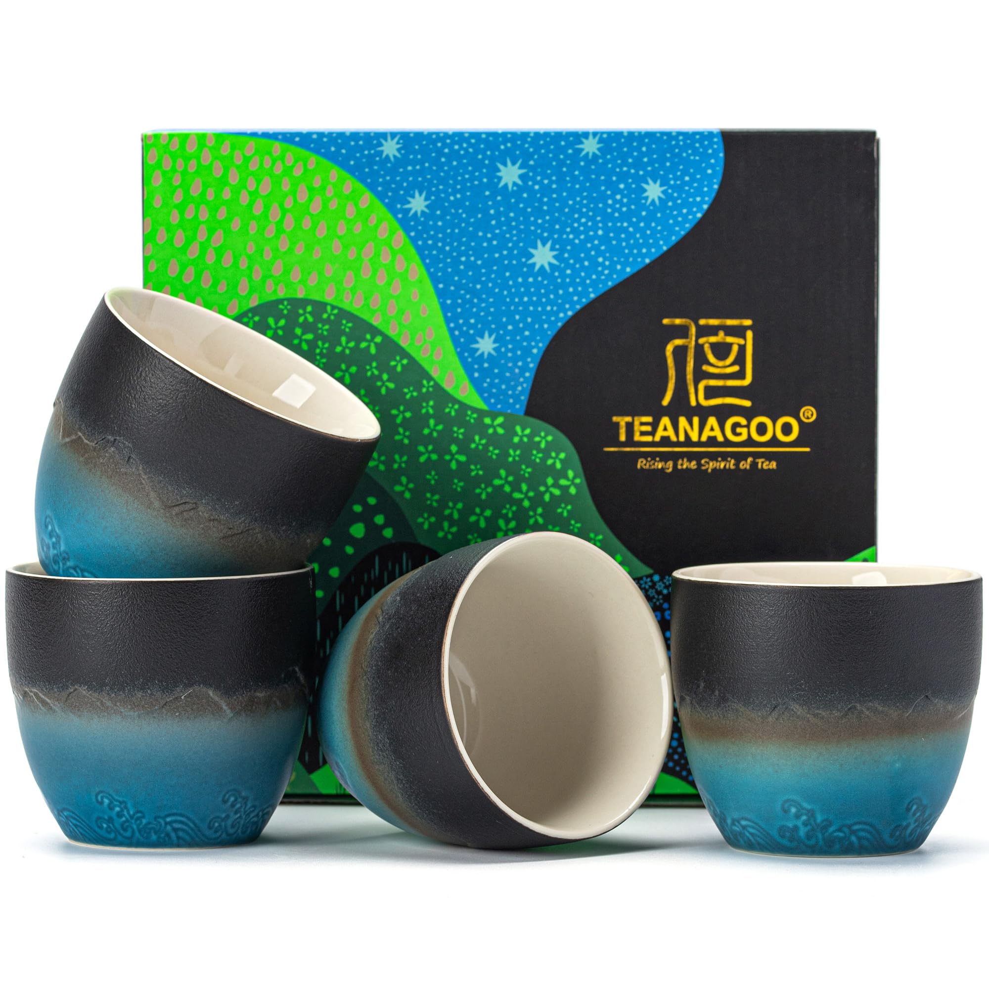 TEANAGOO Ceramic Japanese Tea Cup, 4 Pcs/Box, Occupied Japan Cups, Chinese Cup, Asian Cups no Handles, 5.6 oz/ 160ml,Gradient Navy Blue