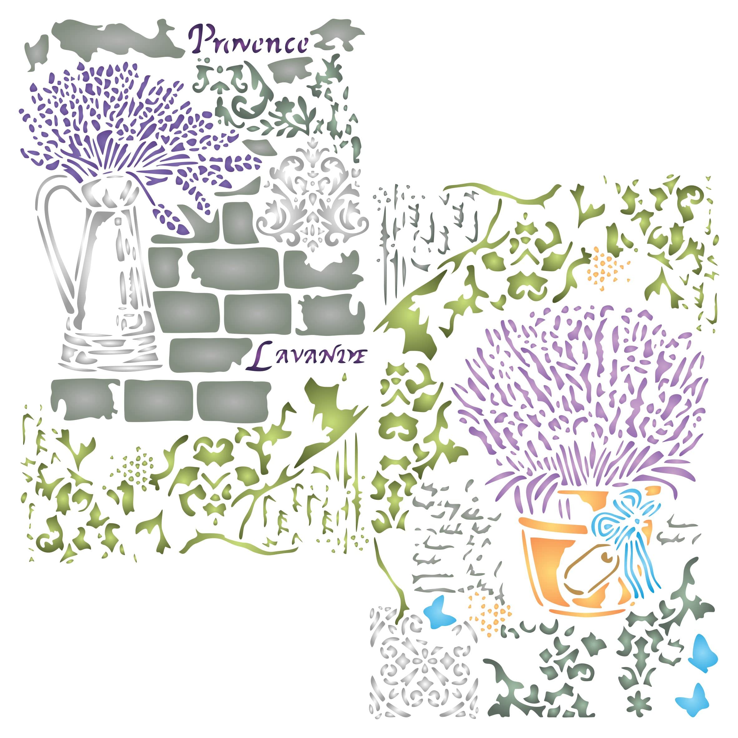 2X Lavender Stencil, 2pc / 21.5 x 33 cm (L) - Use Layering Stone Pot Jug Flowers Leaves Words to add Texture and Design to Mixed Media Backgrounds Stencils for Painting