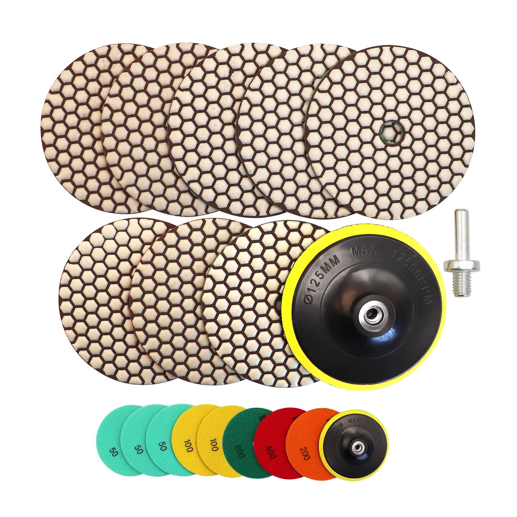 HIGHDRIL Dry Diamond Polishing Pad - 8PCS (#50x3/#100x2/#200/#400/#800) 125MM with Plastic Backer + M14 Adapter for Granite Stone Marble Floor Polish Pad Kit for Drill, Grinder, Polisher