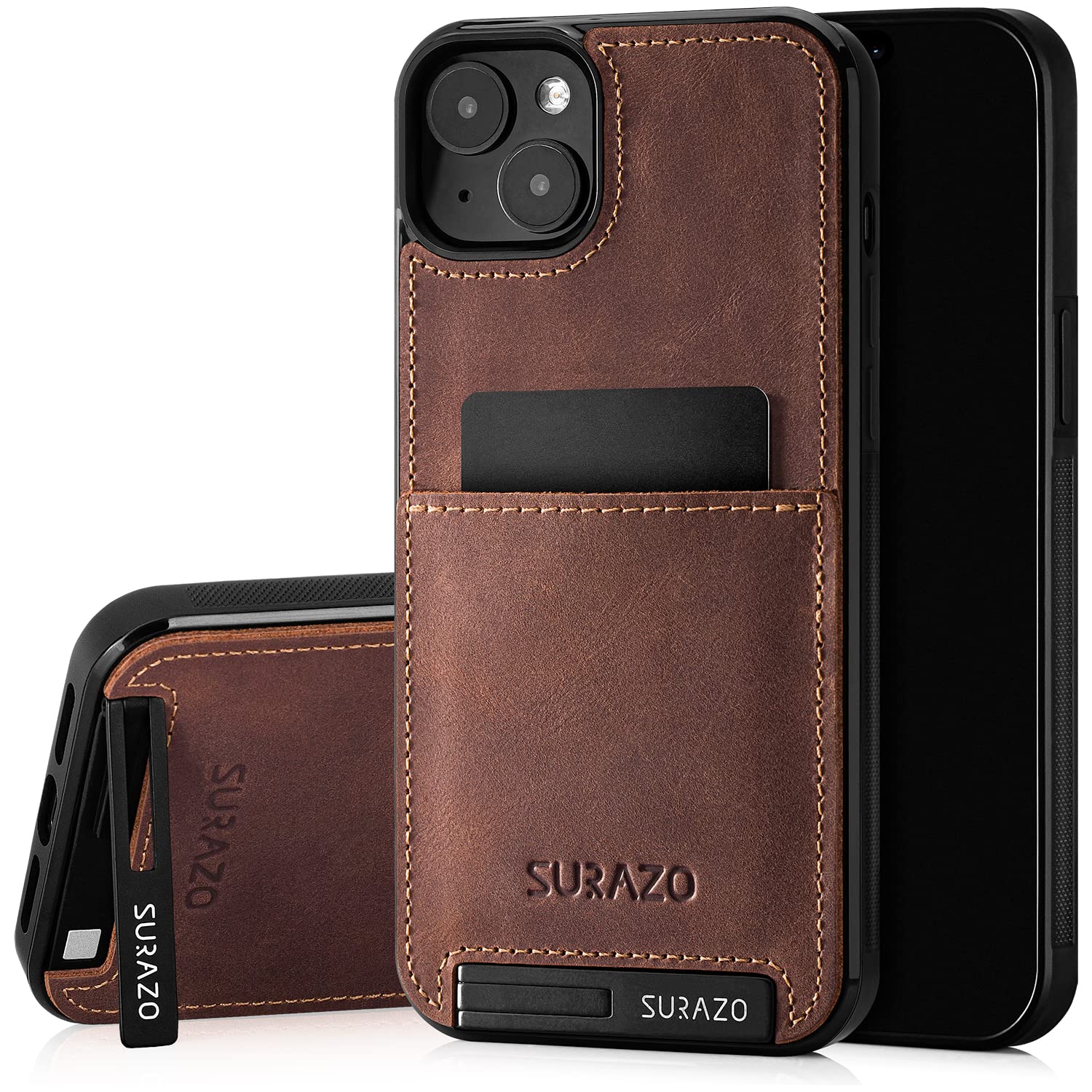 SURAZO Protective Phone Case for Apple iPhone 15 Plus Case - Genuine Leather Cover with Card Holder - Slim Back Case with Foldable Stand and Keychain - Robust Bumper Protector (Nut Brown) — image 1