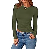PRETTYGARDEN Womens Long Sleeve Shirts 2026 Fall Trendy Crewneck Slim Fit Asymmetrical Going Out Tops Ruched Tee Y2k Clothes