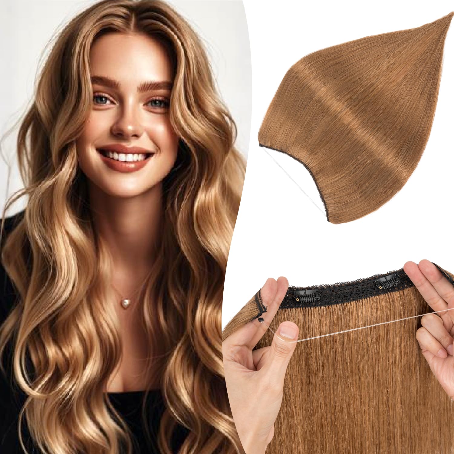 Photo 1 of TESSHAIR Thick Halo Hair Extensions Straight, 100% Real Human Hair,No Tangle & Smooth,Invisible Wire Extensions for Women,100g,22 Inch #06 Light Brown