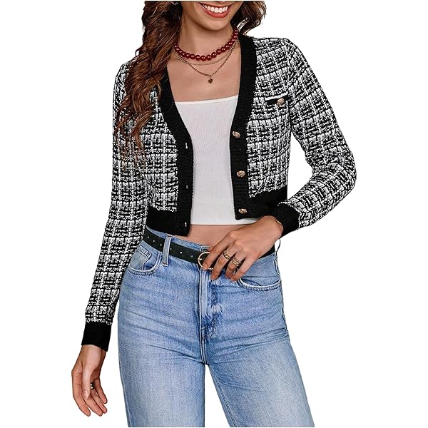 Womens Houndstooth Cardigan Sweater V Neck Open Front Long