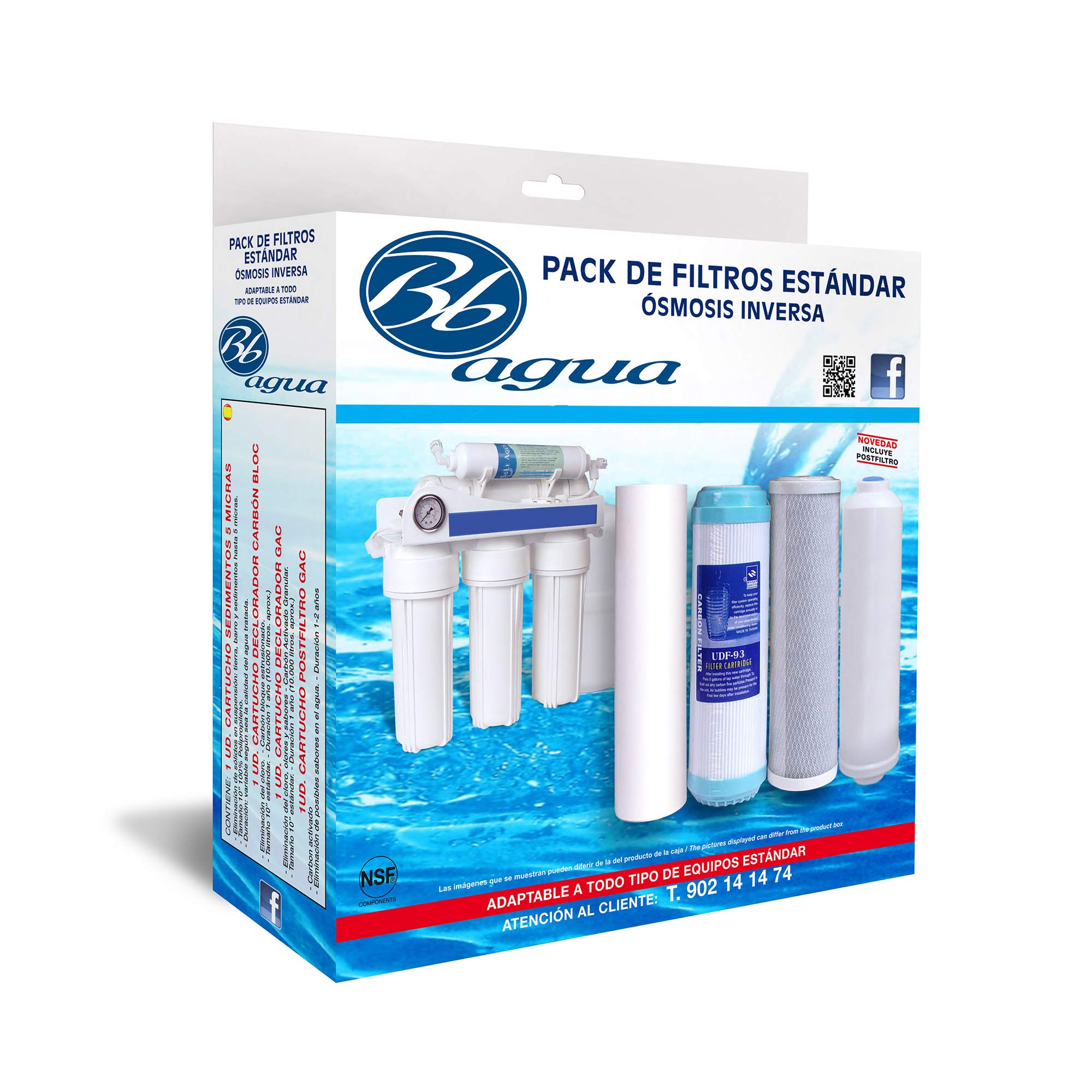 Pack 4 Water Filters for Standard Reverse Osmosis Equipment. 1 Sediment, 1 GAC Carbon, 1 Block Carbon and 1 Coconut Post Filter. Replace Once a Year. Bbagua.