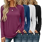 Huukeay 4 Pack Women's Long Sleeve Shirts, Casual Crew Neck Raglan Tunic Tops Fall Loose Side Split Tees Curved Hem Pullovers