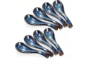Cididu Set of 8 Asian Soup Spoon Ceramic, Blue Chinese Soup Spoons with Non-Slip Bottom, Retro Porcelain Japanese Pho Spoons 