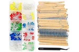 ELOOGAA Led Resistor Kit 600Pcs 30 Values Resistor Kit 10 Ohm-1M Ohm with 1% 1/4W Carbon Film Resistors Assortment,200Pcs 5 Colors 3mm&5mm LED Light Emitting Diode,with Tweezer