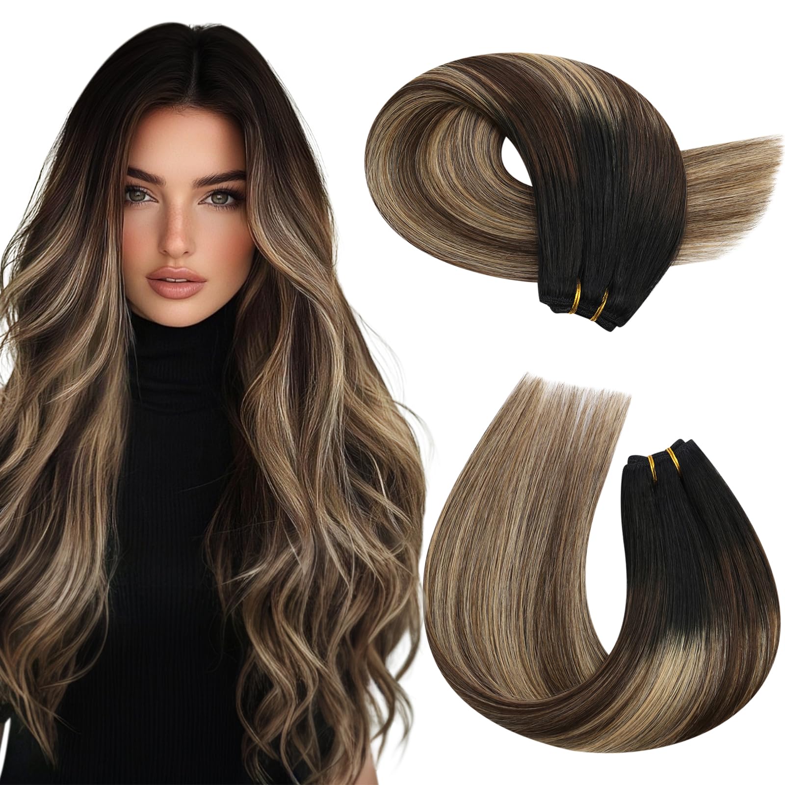 Moresoo Human Hair Weft 14 Inch Double Weft Human Hair Extensions Black to Dark Brown with Caramel Blonde Sew in Hair Extensions 100g/Pack #1B/3/27 — image 1