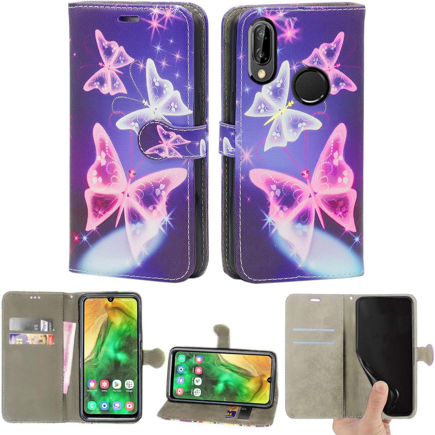 Case Compatible for Samsung Galaxy A20e (5.8 Inch) Leather Magnetic Closure Flip Card Holder Wallet Stand View Protective Cover for Samsung Galaxy A20e (Butterfly Blue)
