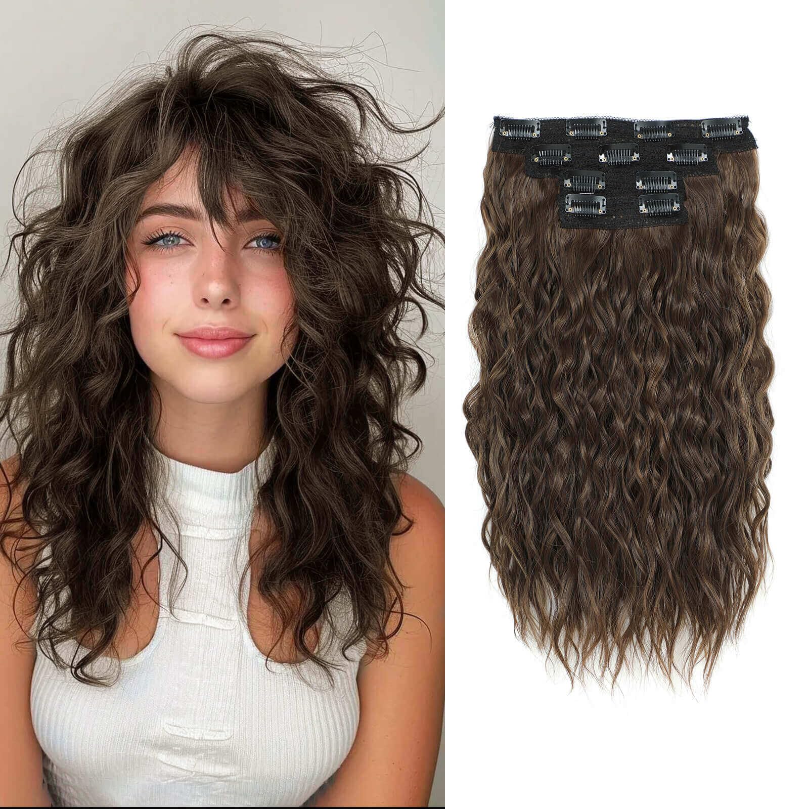 Flyroseing 4PCS Clip in Hair Extension,14" Short Curly Hair Extensions Clip in Brown Hair Extensions Seamless Lace Weft Natural Soft Mermaid Waves Hairpieces for Women