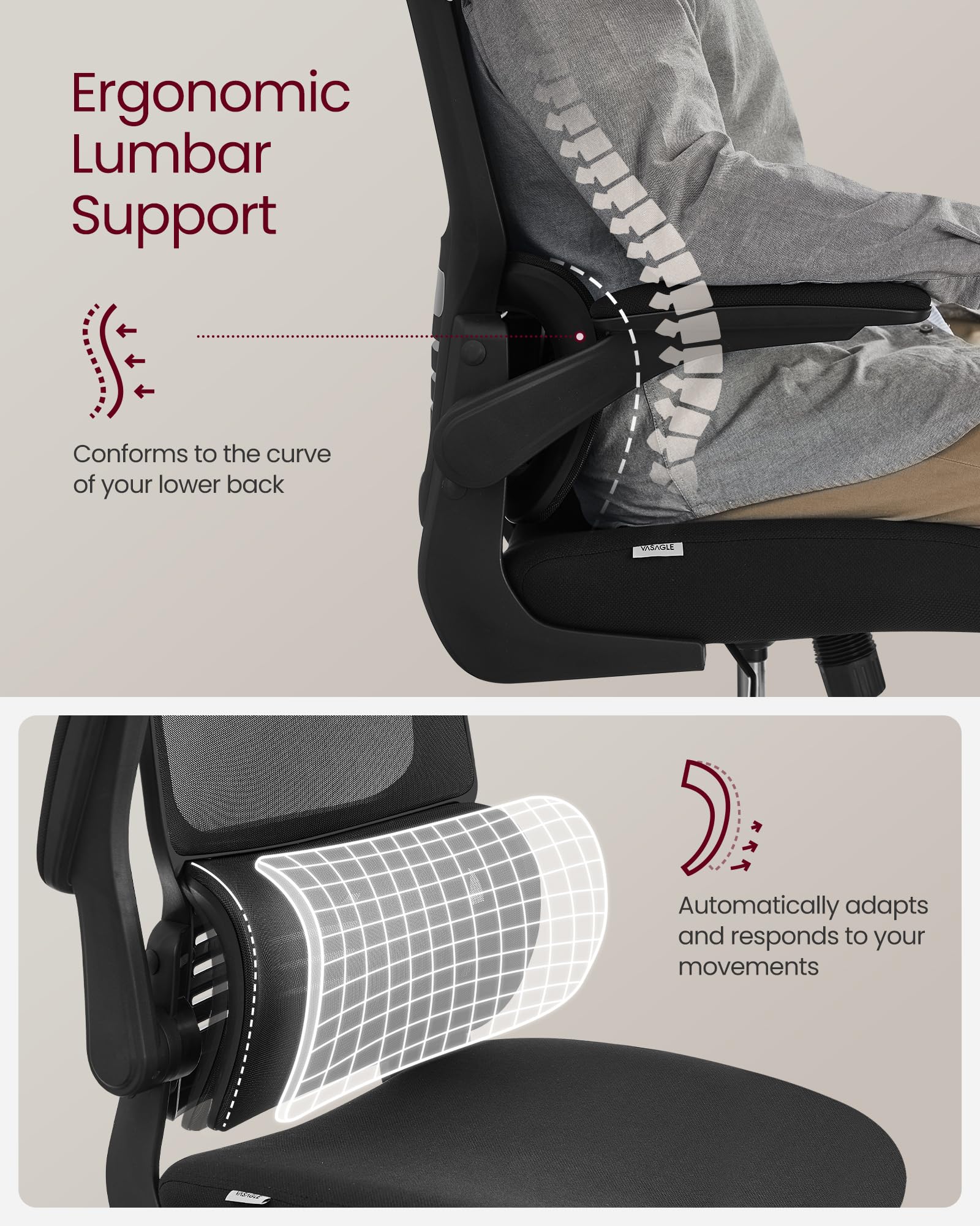 VASAGLE Office Chair, High Back Mesh Chair for Computer Desk, Adaptive Lumbar Support, Ergonomic, Foldable Armrests, Adjustable Headrest, Tilt Function, for Home Office, Ink Black UOBN040B21