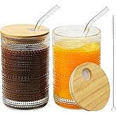 15 Oz Glass Cups with Lids and Straws, Vintage Embossed Glassware for Whiskey Cocktail Beer, Iced Coffee Cup with Lid (2 PACK)