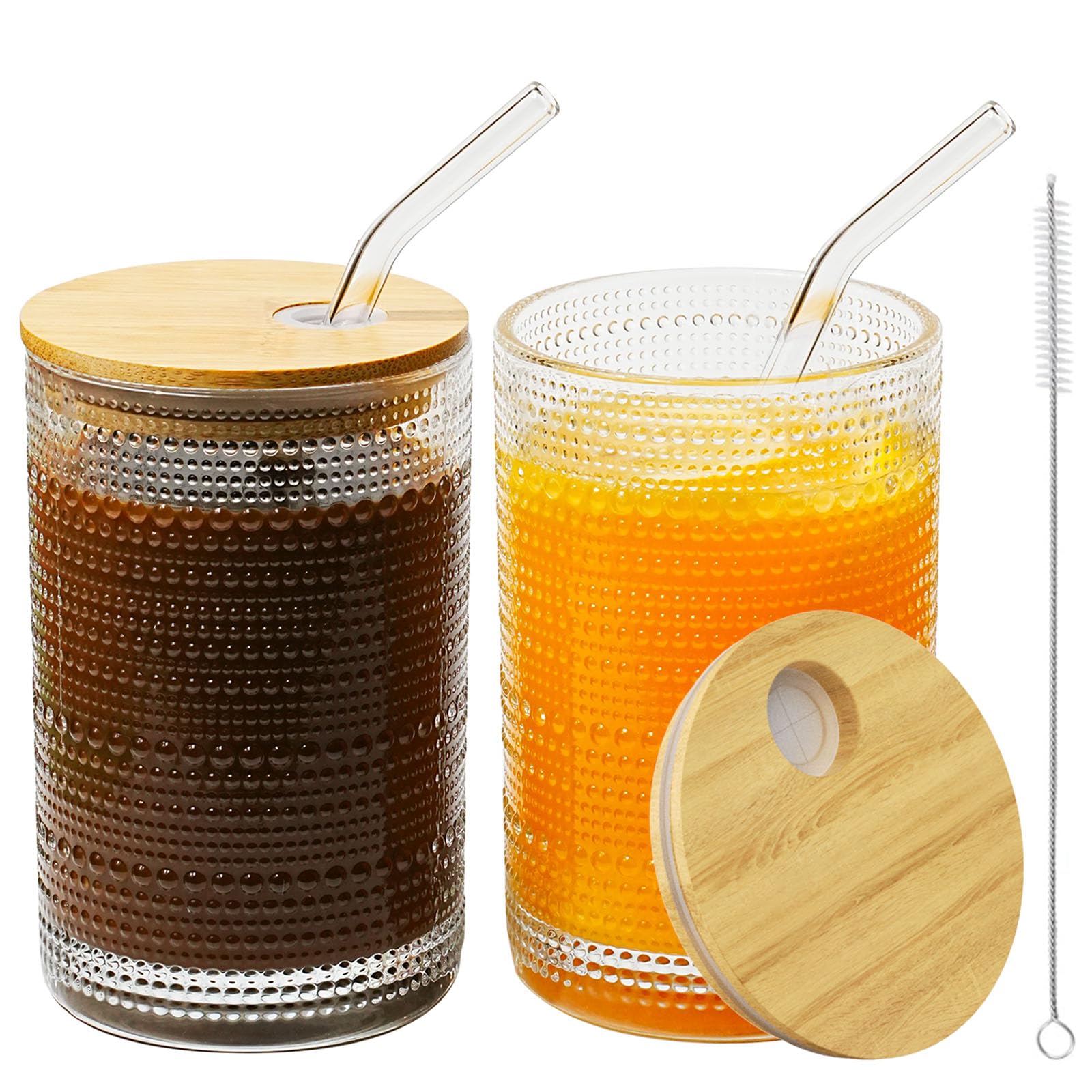 Photo 1 of 15 Oz Glass Cups with Lids and Straws, Vintage Embossed Glassware for Whiskey Cocktail Beer, Iced Coffee Cup with Lid (2 PACK)
