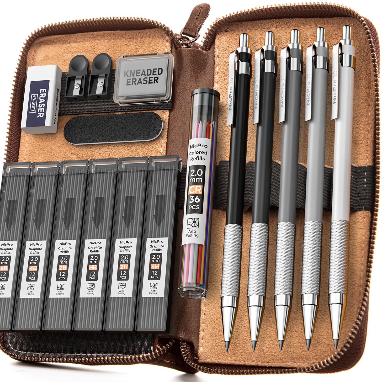 Nicpro 17PCS Metal 2mm Mechanical Pencil Set in Leather Case, 5 PCS 2.0 mm Lead Pencil Holders (4B 2B HB 2H 4H) 6 Tube Black Colored Lead Refills, Erasers, Sharpener For Art Drafting Sketching Drawing