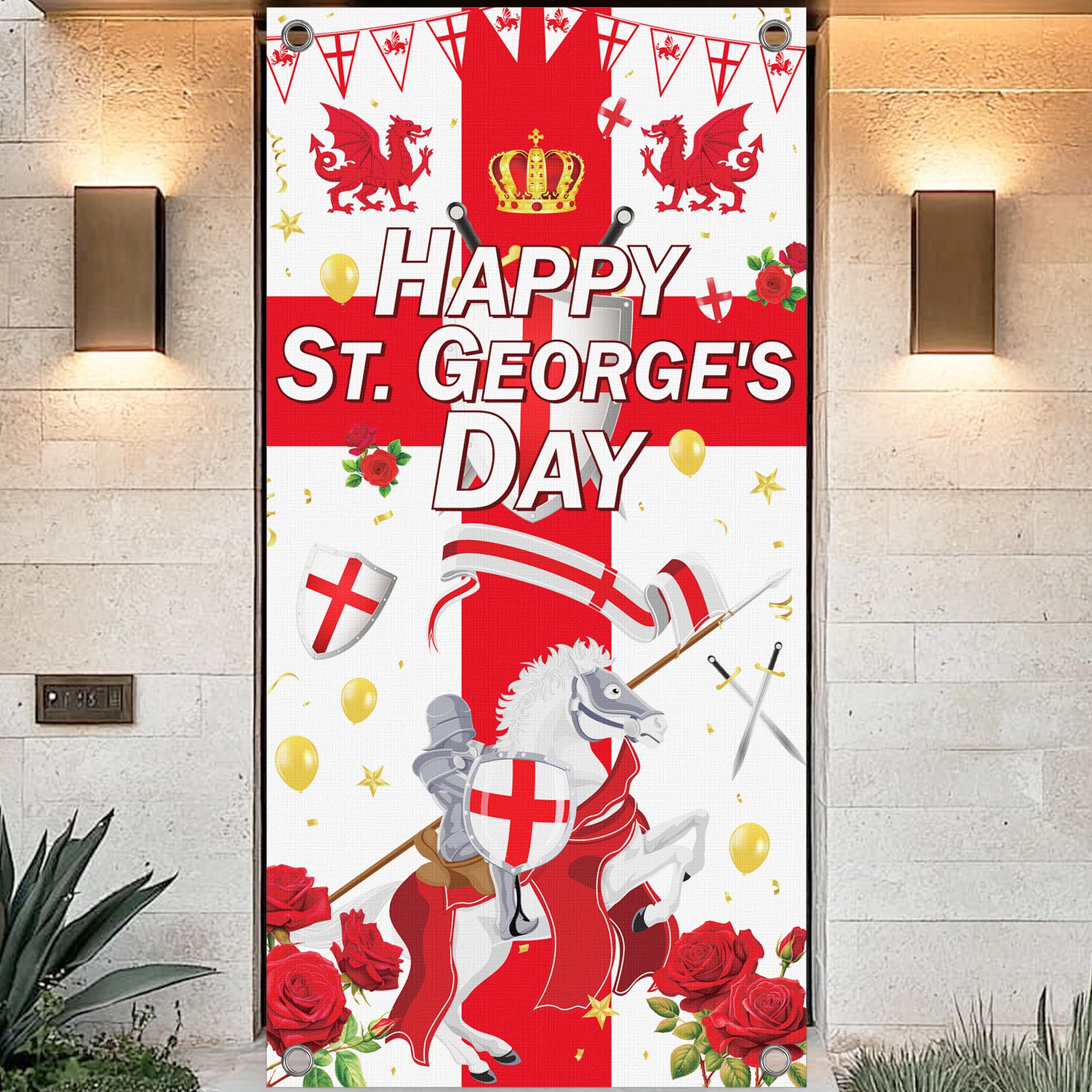 St. George's Day Door Cover Decoration 180 * 90cm – Red and White Cross, Knights, Dragons, Roses, Happy St. George's Day Banner, UK Cultural Holiday Decoration for Home and Shops