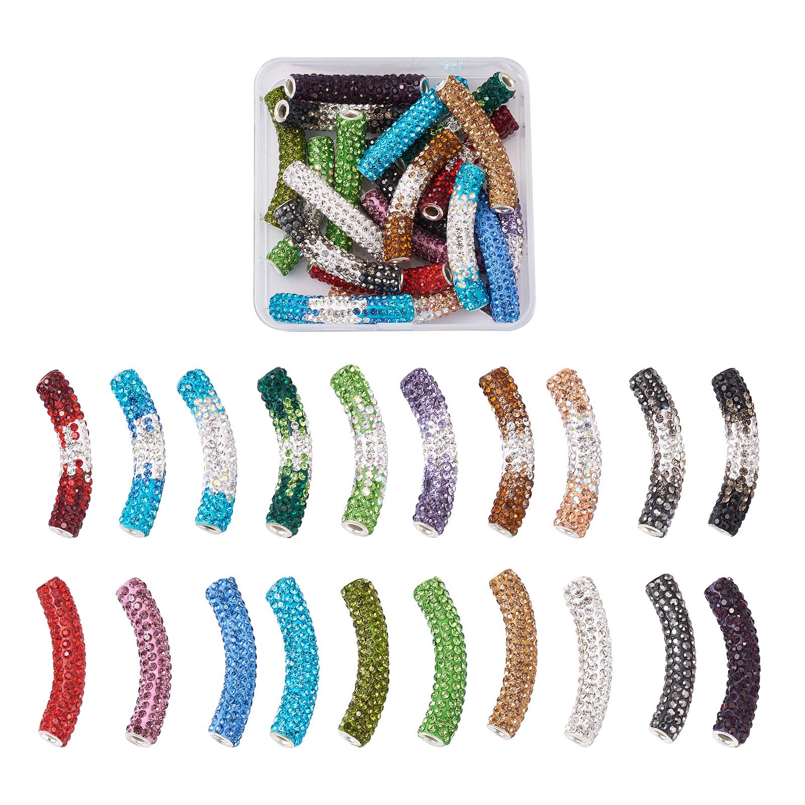 PandaHall 20pcs Rhinestone Curved Tube Beads 20 Colors Brass Tube Slide Curved Noodle Tube Beads with Rhinestone for European Charm Bracelet DIY Jewellery Making
