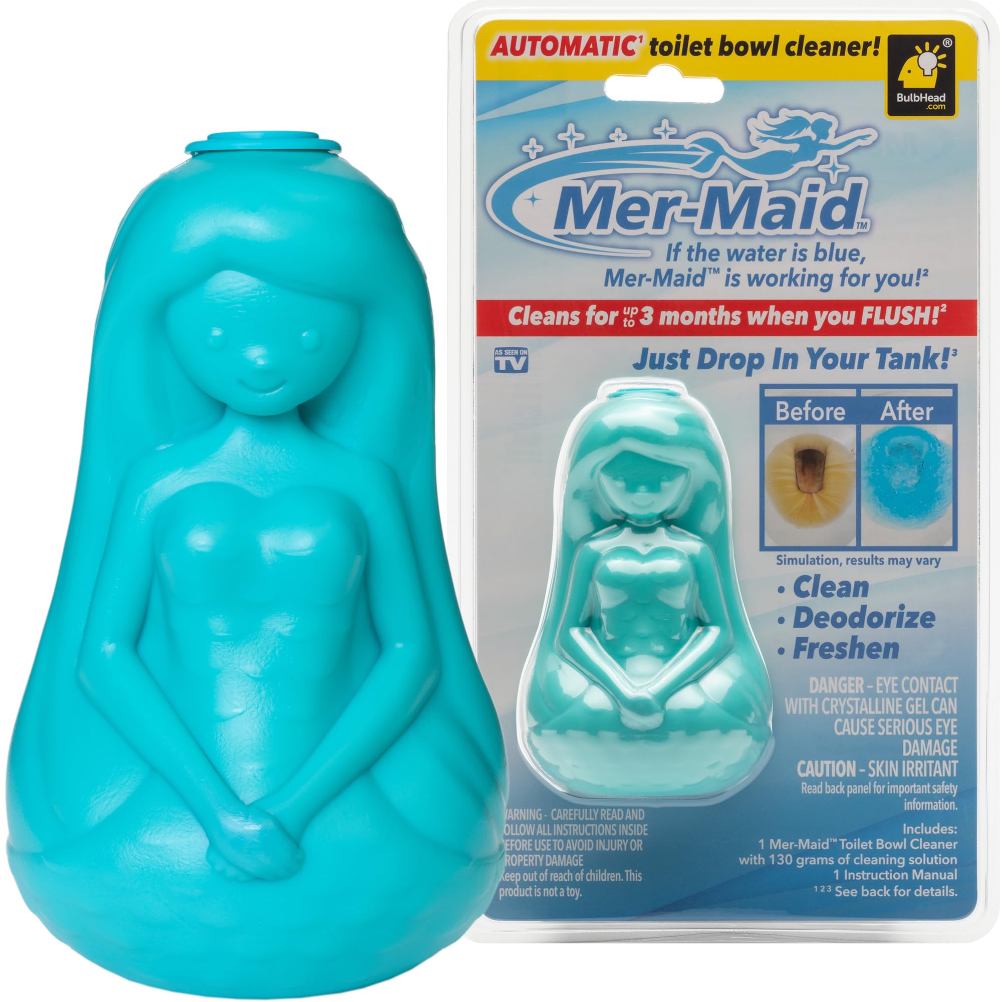 Mer-Maid Automatic Toilet Bowl Cleaner, AS-SEEN-ON-TV, Cleans, Freshens & Deodorizes with Every Flush for up to 3 Months, Ultra-Strength Concentrated Formula, Easy Solution, Just Drop It in Your Tank
