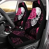 Howilath Pink Rose Skull Floral Pattern High Back Front Seat Covers for Women Men, 2pcs Car Accessories Seat Covers