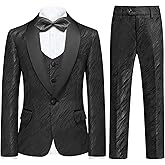 Boys Suit Slim Fit 3 Piece Tuxedo Formal Ripple Pattern Suit Set One Button Blazer Jacket Vest Pants