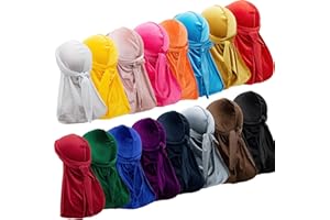 16 Pieces Velvet Durags Bulk, Long Tail Durags Caps 360 Waves Cap Doo Rag Durags Headwraps Wide Strap Bandana Pirate Hats Dur