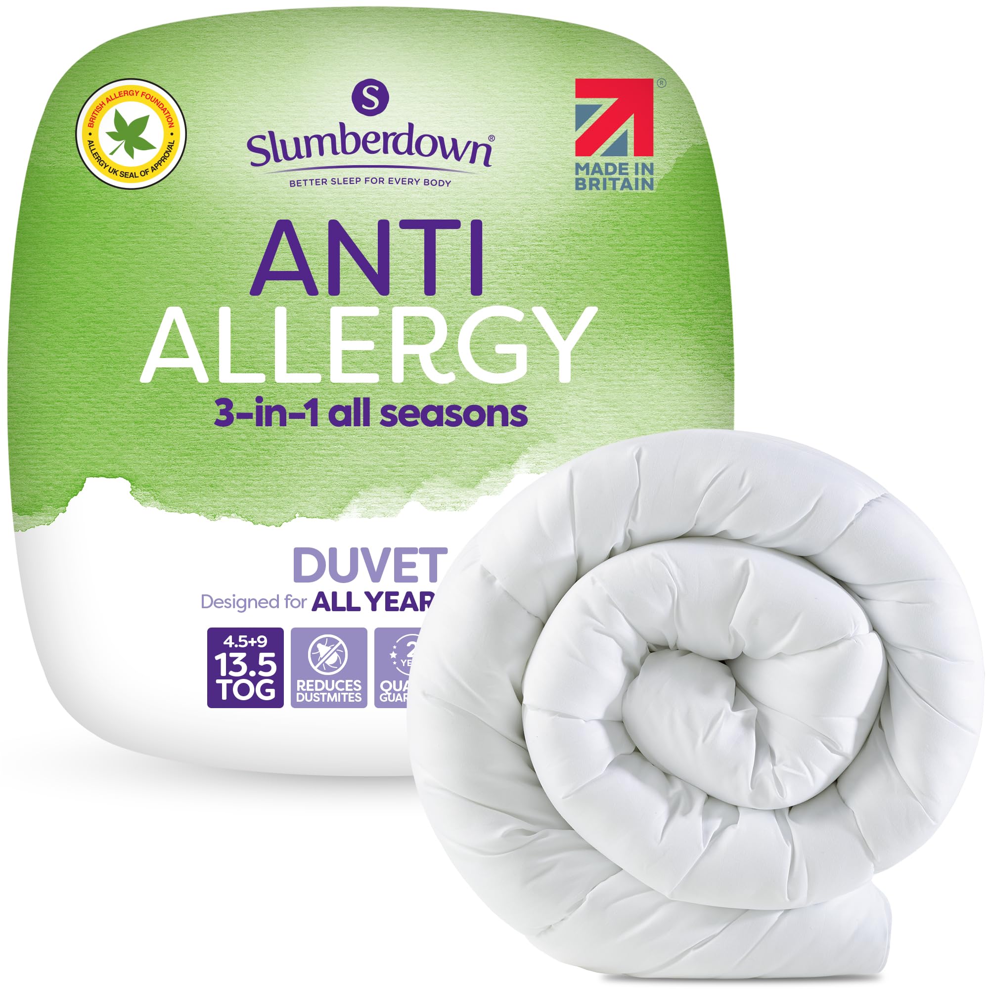 Slumberdown Anti Allergy Double Duvet 13.5 Tog All Seasons - Allergy UK Approved Combi Quilt (4.5 + 9 Tog) for Allergy Sufferers - Made in the UK, Anti Bacterial & Machine Washable (200 x 200cm)