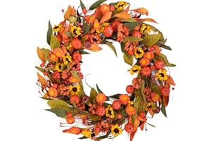 Bibelot Fall Wreath Artificial Pumpkin Wreath Green Leaves for Front Door Autumn Wreaths Farmhouse Home Office Wedding Party Wall Decor