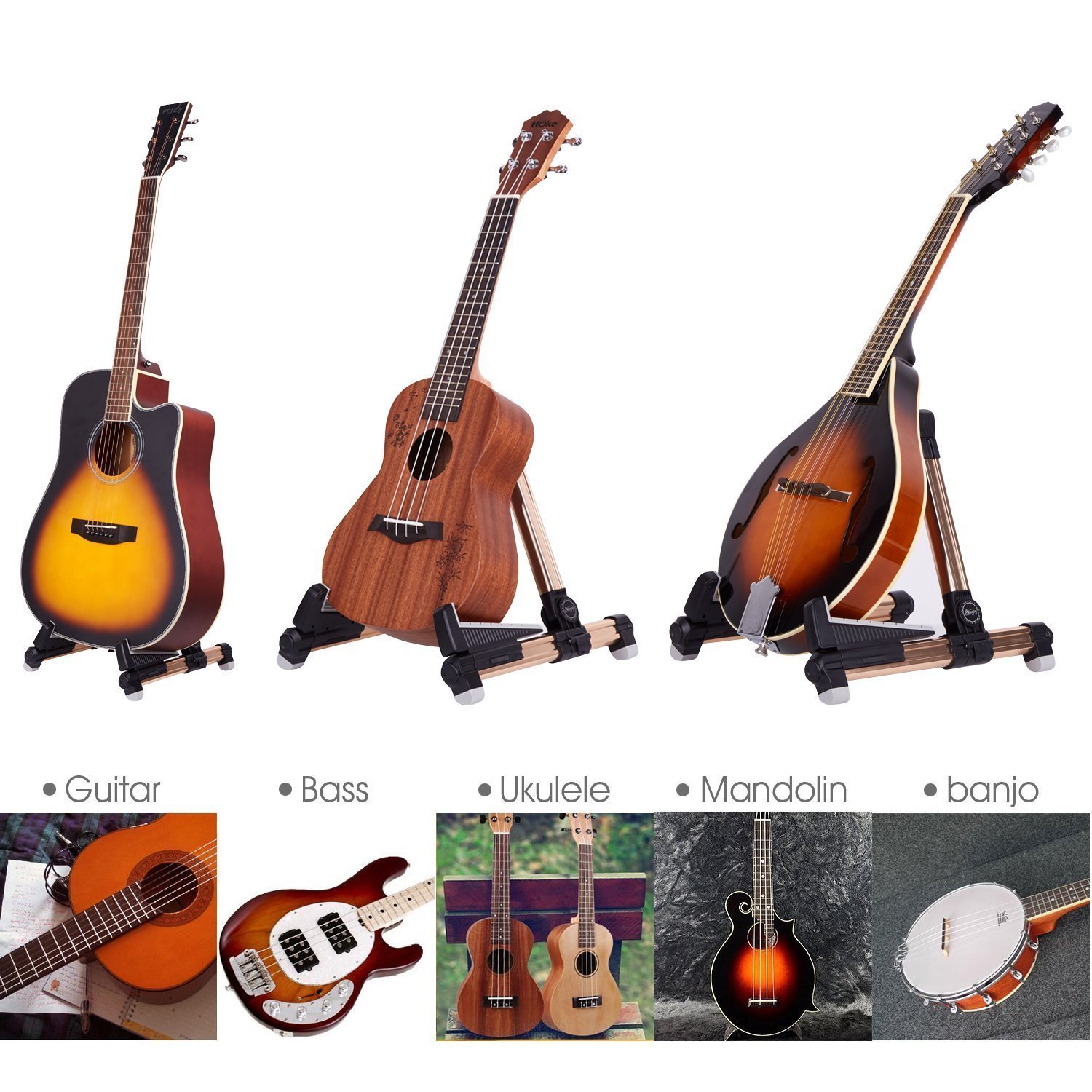 Mugig Stand for Acoustic/Electric/Classical Guitar,Bass,Banjo - Portable Folding  Flexible A-Frame Music Instrument Floor Holder for Travel (Gold)