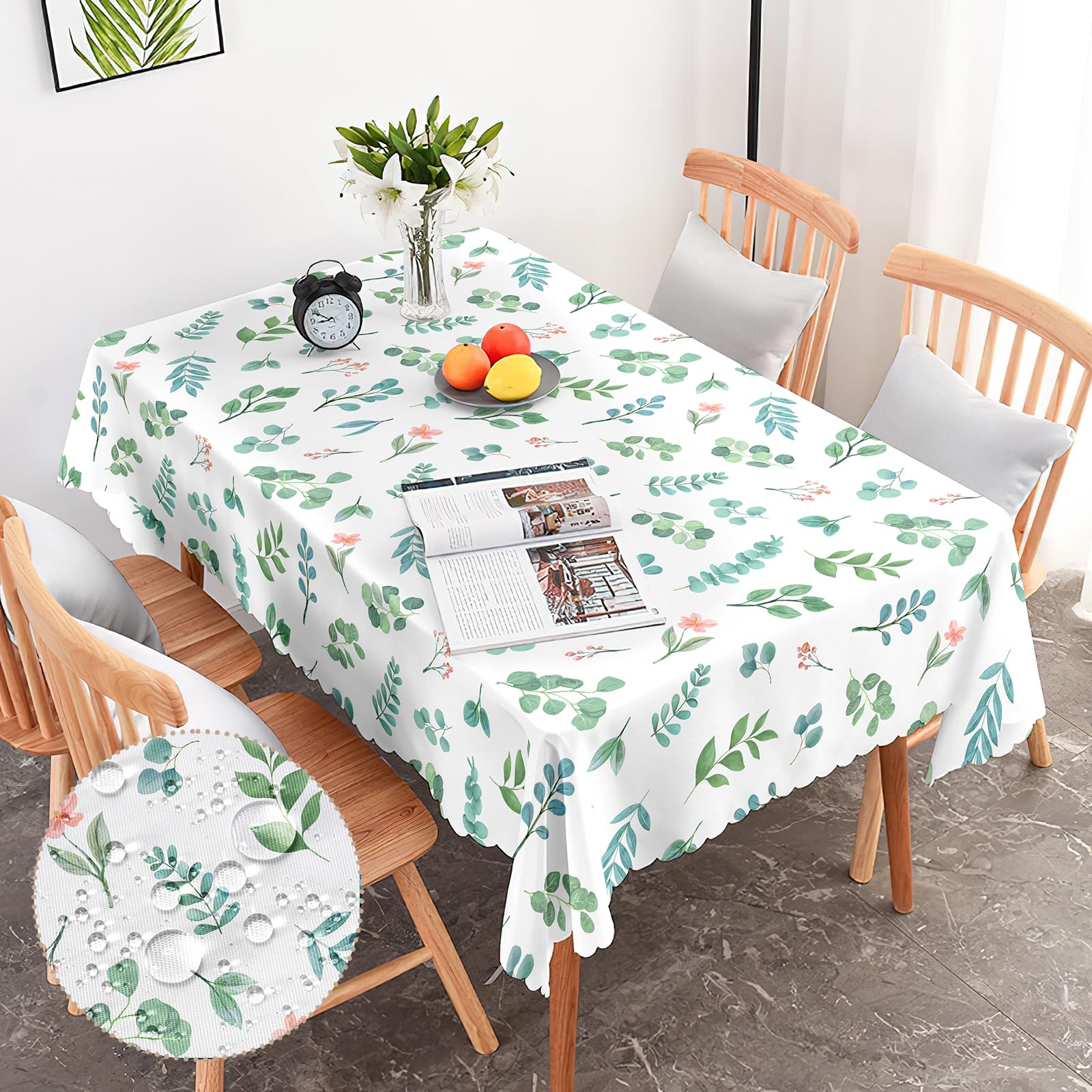 G-dake Tablecloth Wipe Clean Rectangular, Eucalyptus Leaf& flowers Polyester Table Cloth Waterproof Wrinkle and Stain Resistant Table Cover for Kitchen Dinner Picnic Party Outdoor(140x180cm)