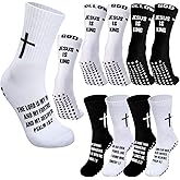 Jamntower 4 Pairs Cross Grip Soccer Socks with Bible Verse Anti Slip Religious Jesus Christian Football Sock with Rubber Dots