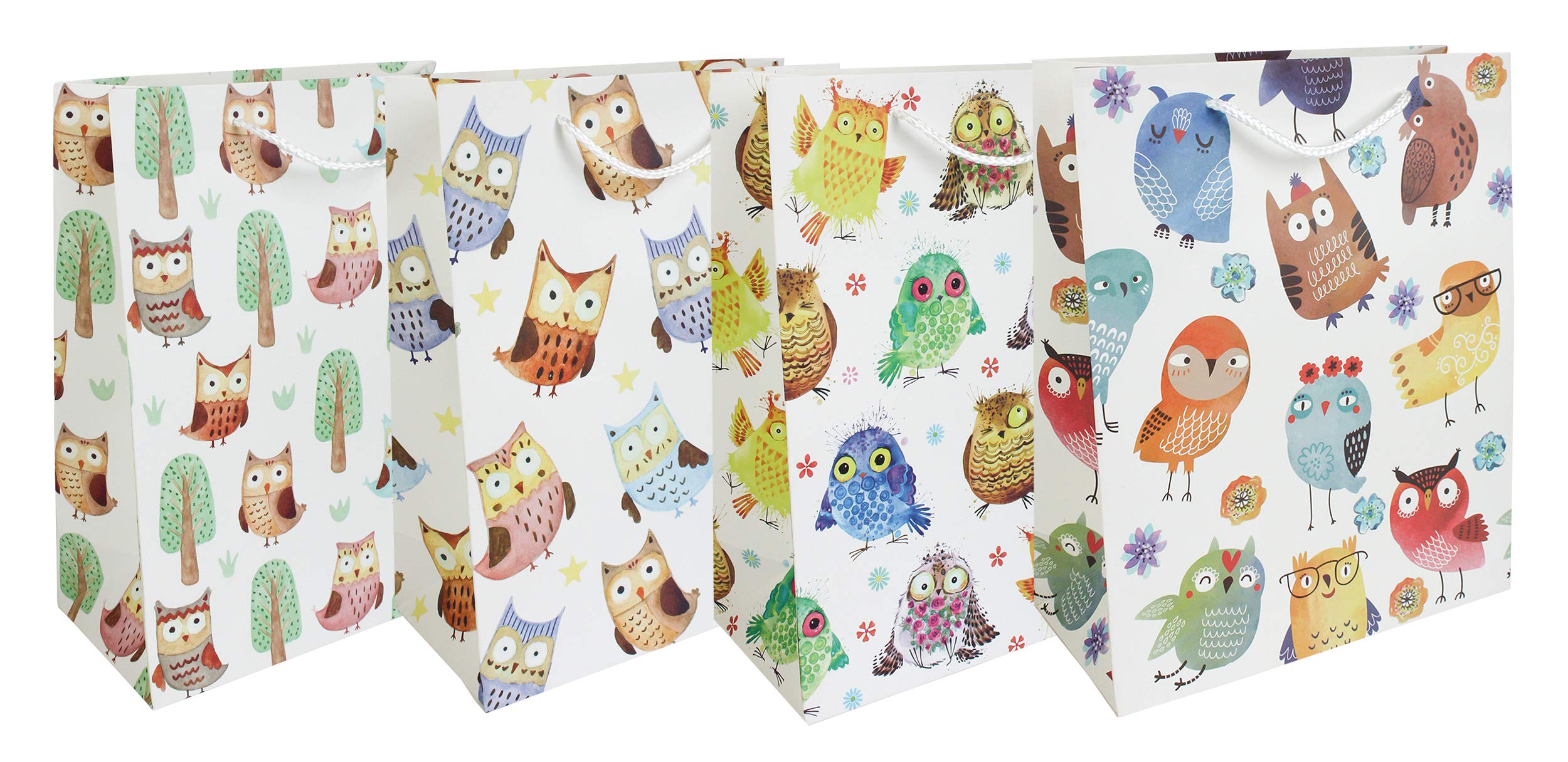 Emartbuy Luxury Gift Bag Strong Laminated Paper Mixed Colours (Set of 4 - Owls)
